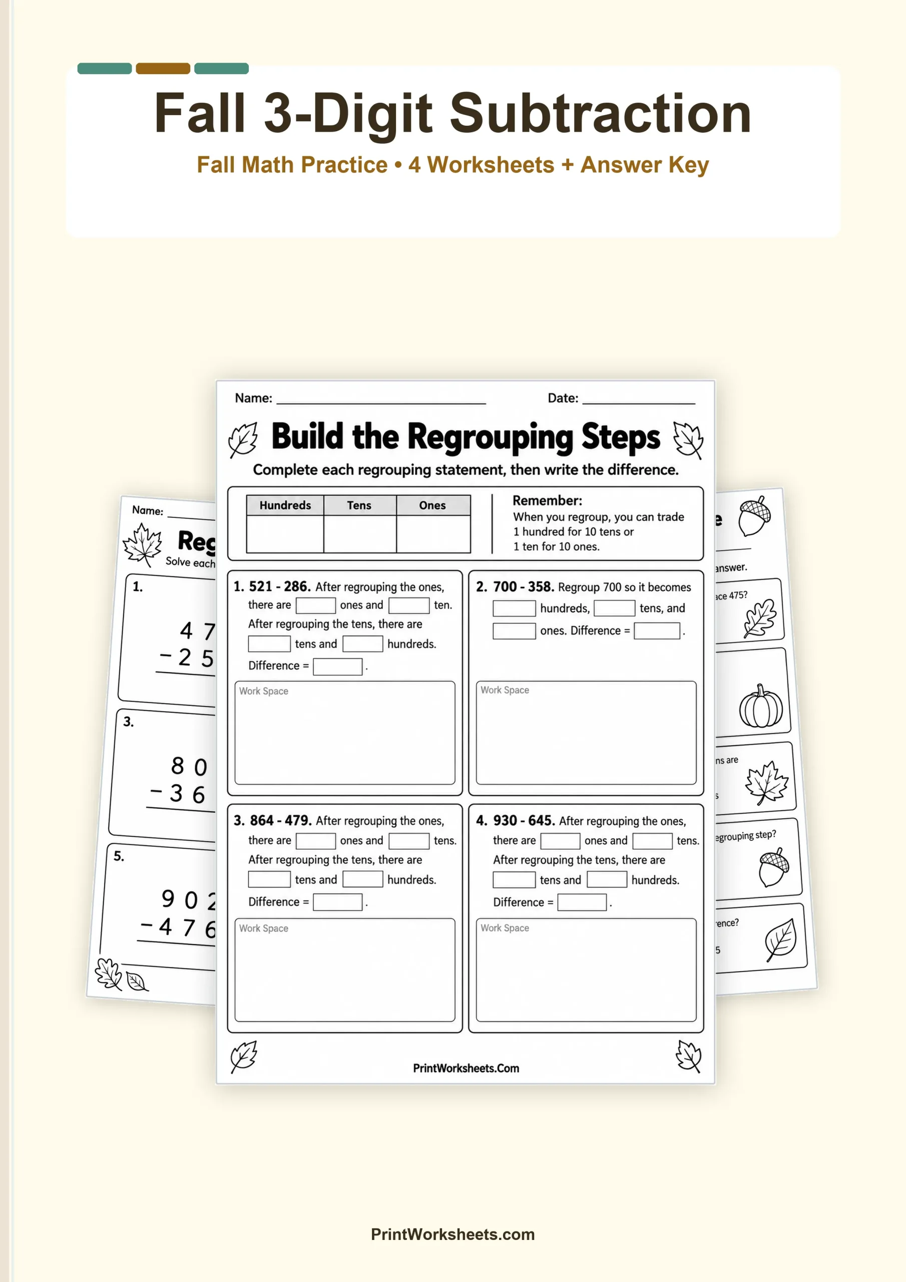 Subtraction Worksheets Worksheet - Fall 3-Digit Subtraction with Regrouping Worksheets – Free PDF | Free Printable