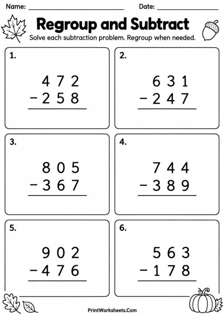 Regroup and Subtract printable worksheet
