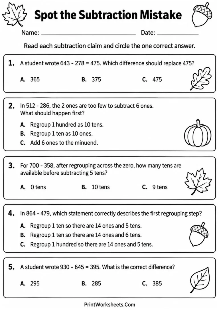 Spot the Subtraction Mistake printable worksheet