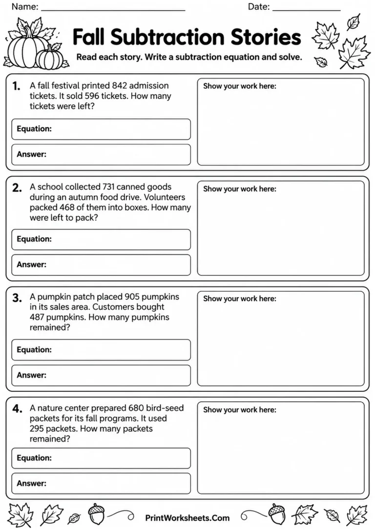 Fall Subtraction Stories printable worksheet