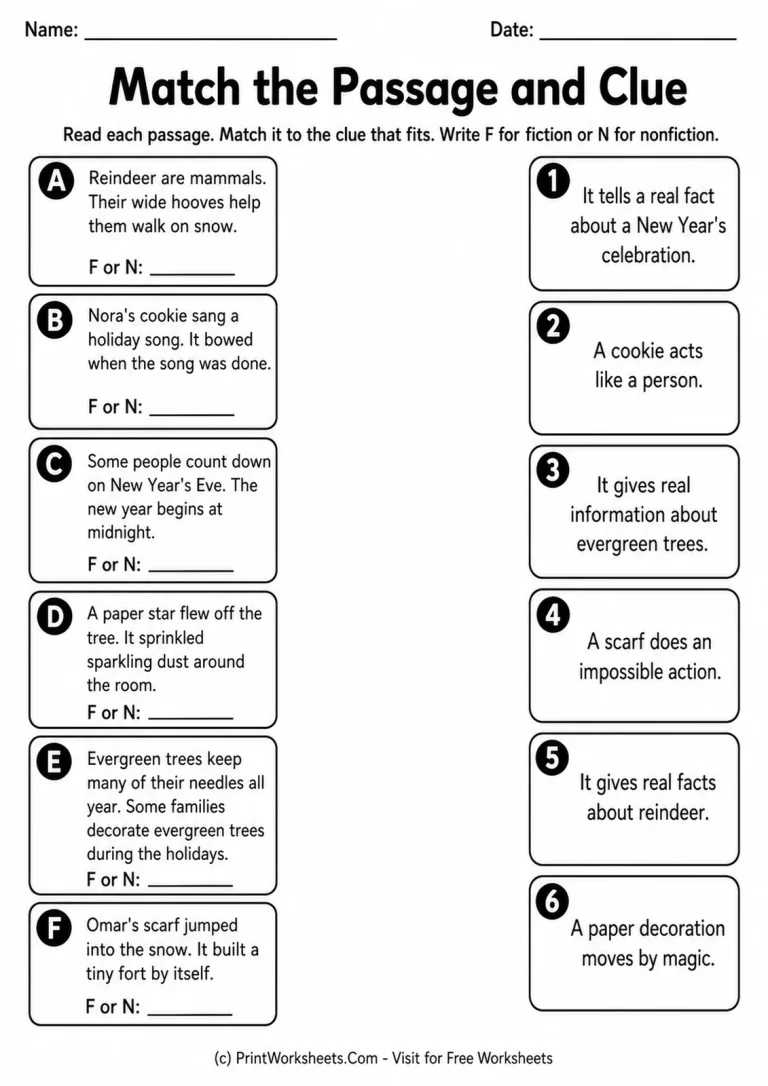 Match the Passage and Clue Match the Passage and Clue printable worksheet