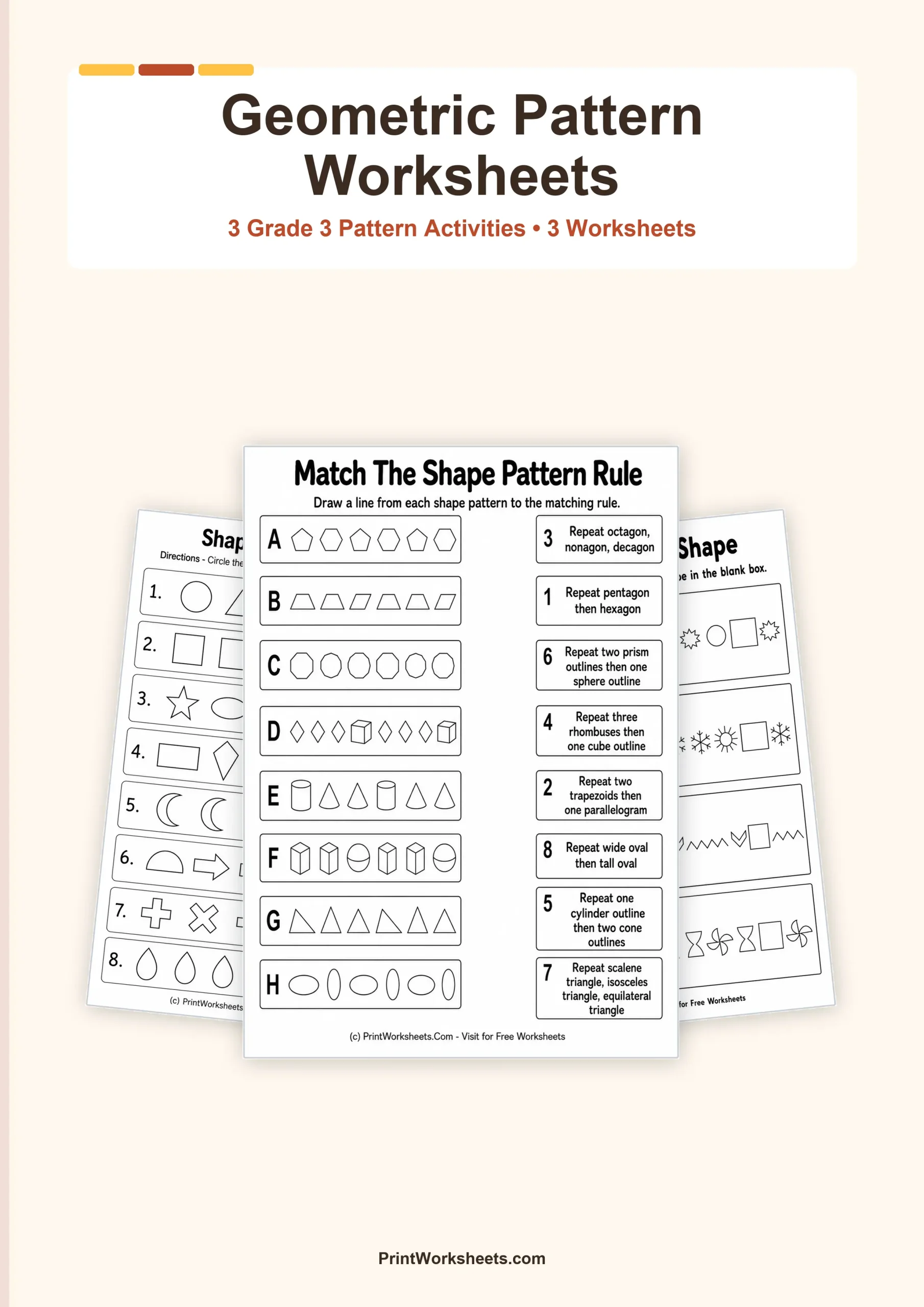 Geometry Worksheets Worksheet - Geometric Patterns with Shapes Worksheets for Grade 3 | Free Printable