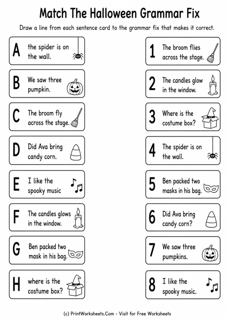 Match The Halloween Grammar Fix Match The Halloween Grammar Fix printable worksheet