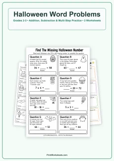 Halloween Worksheets Worksheet - Halloween Math Word Problems Worksheets for Grades 2-3 | Free Printable
