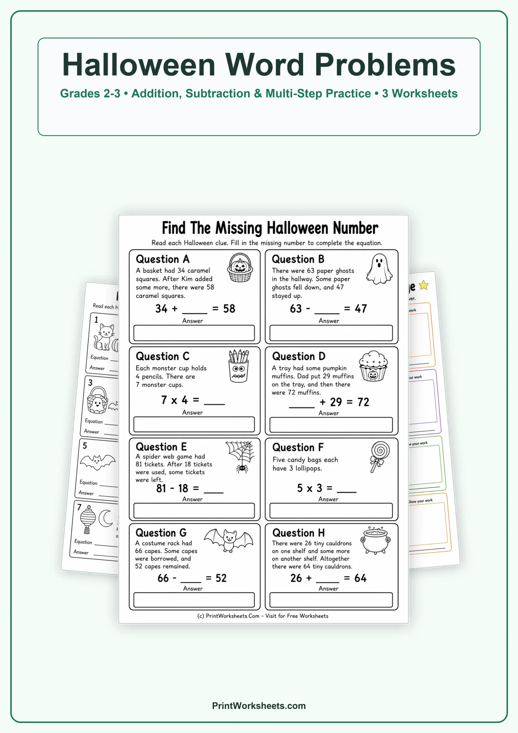Halloween Worksheets Worksheet - Halloween Math Word Problems Worksheets for Grades 2-3 | Free Printable