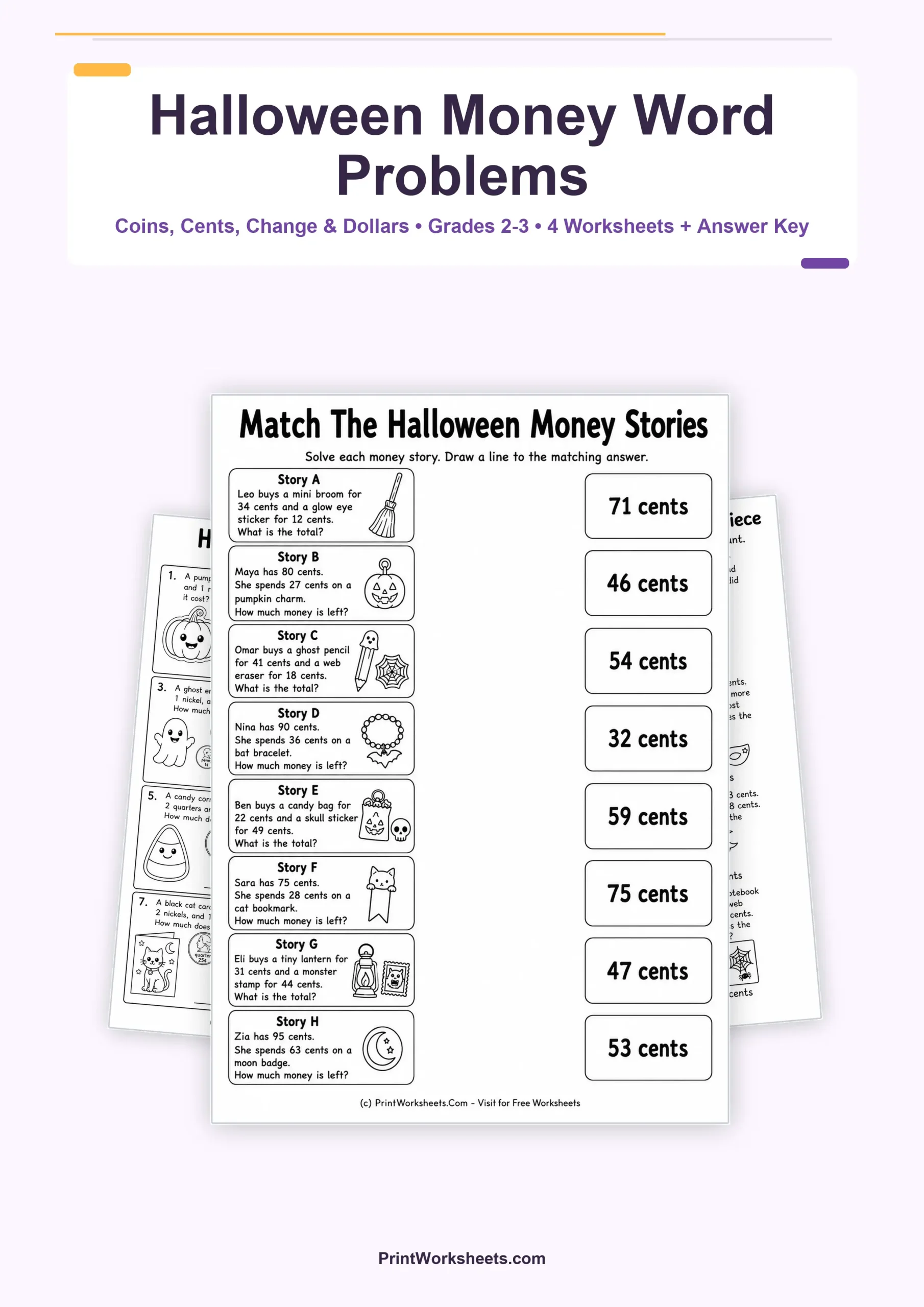 Halloween Worksheets Worksheet - Halloween Money Word Problems Worksheets for Grades 2-3 | Free Printable