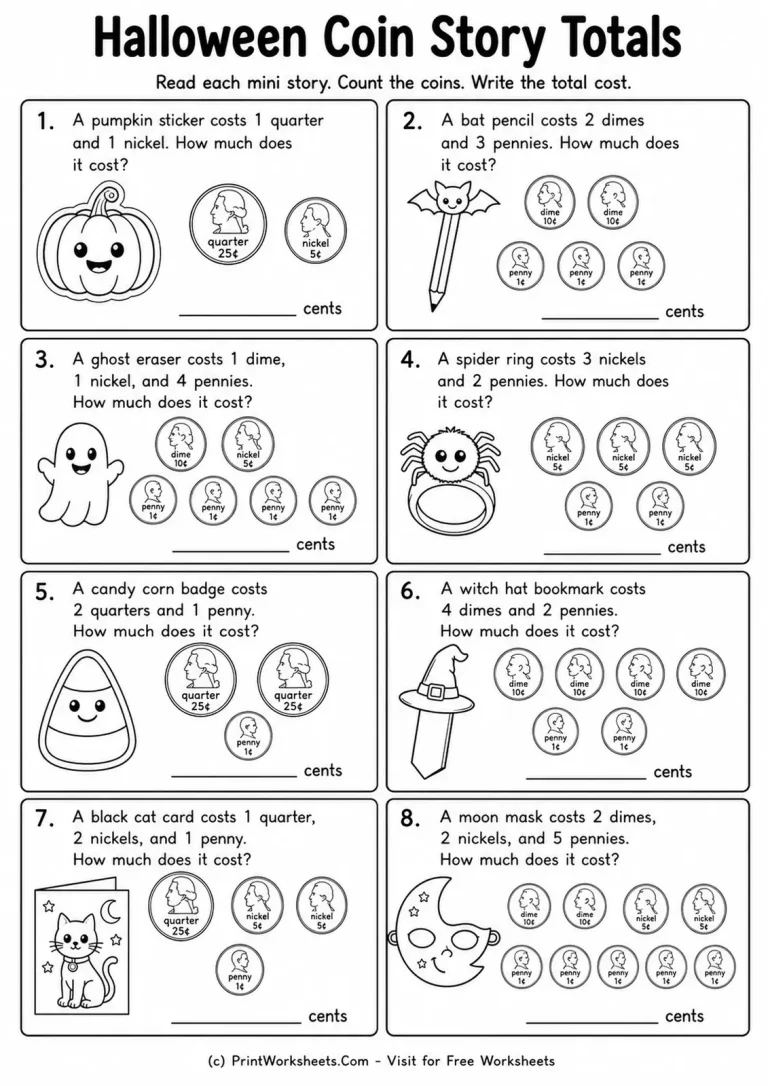 Halloween Coin Story Totals Halloween Coin Story Totals printable worksheet