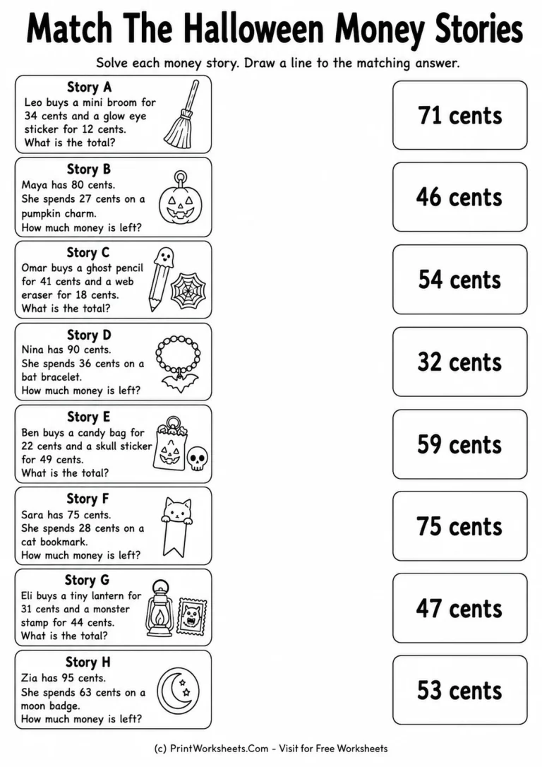 Match The Halloween Money Stories Match The Halloween Money Stories printable worksheet