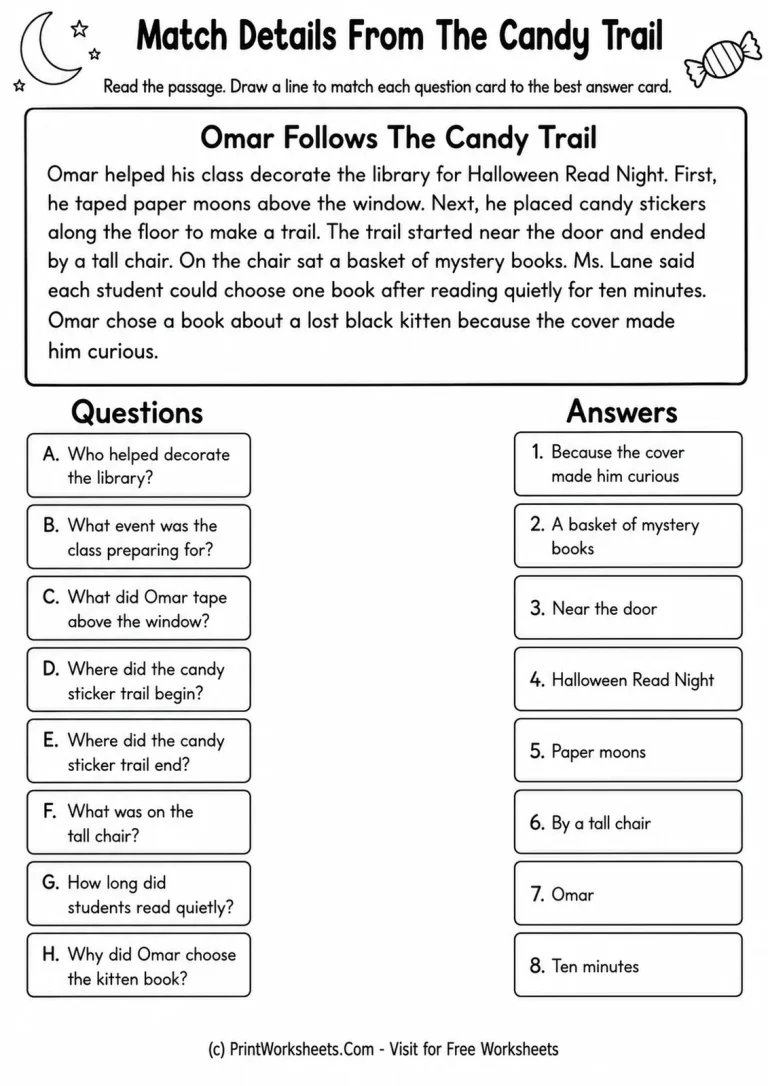 Match Details From The Candy Trail Match Details From The Candy Trail printable worksheet