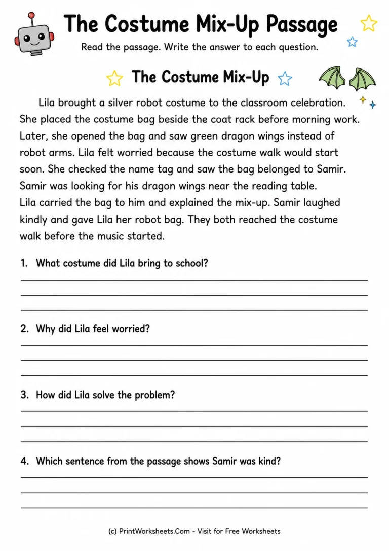 The Costume Mix-Up Passage The Costume Mix-Up Passage printable worksheet