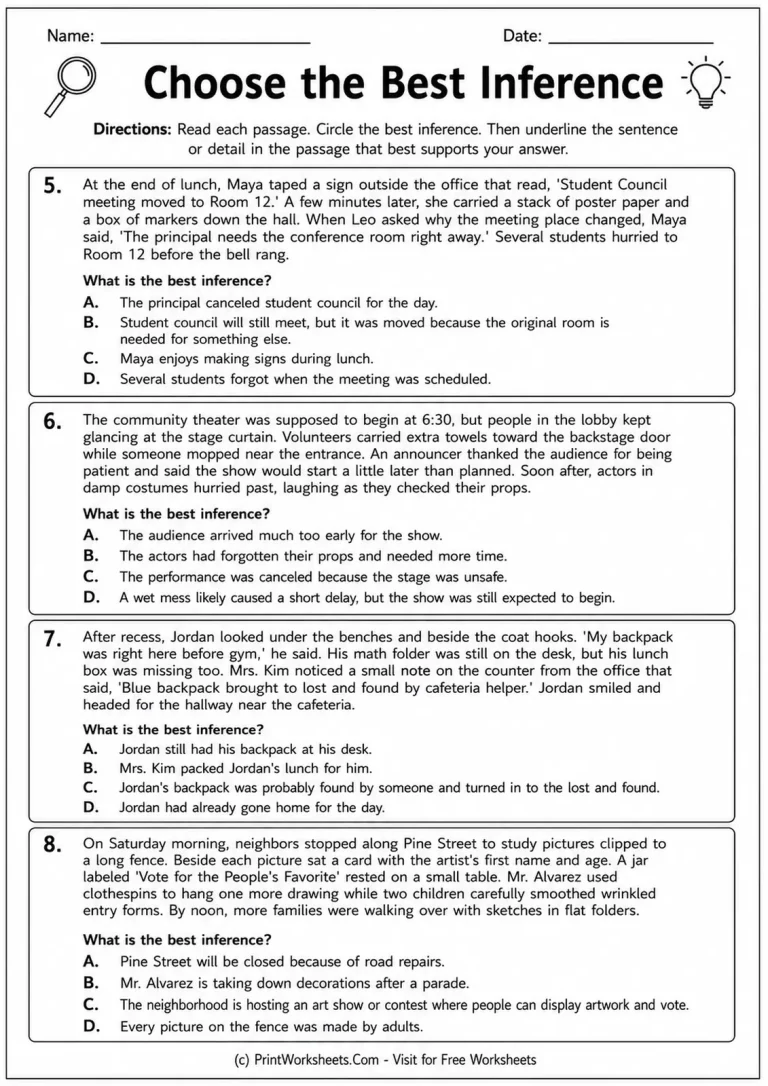 Choose the Best Inference Choose the Best Inference printable worksheet