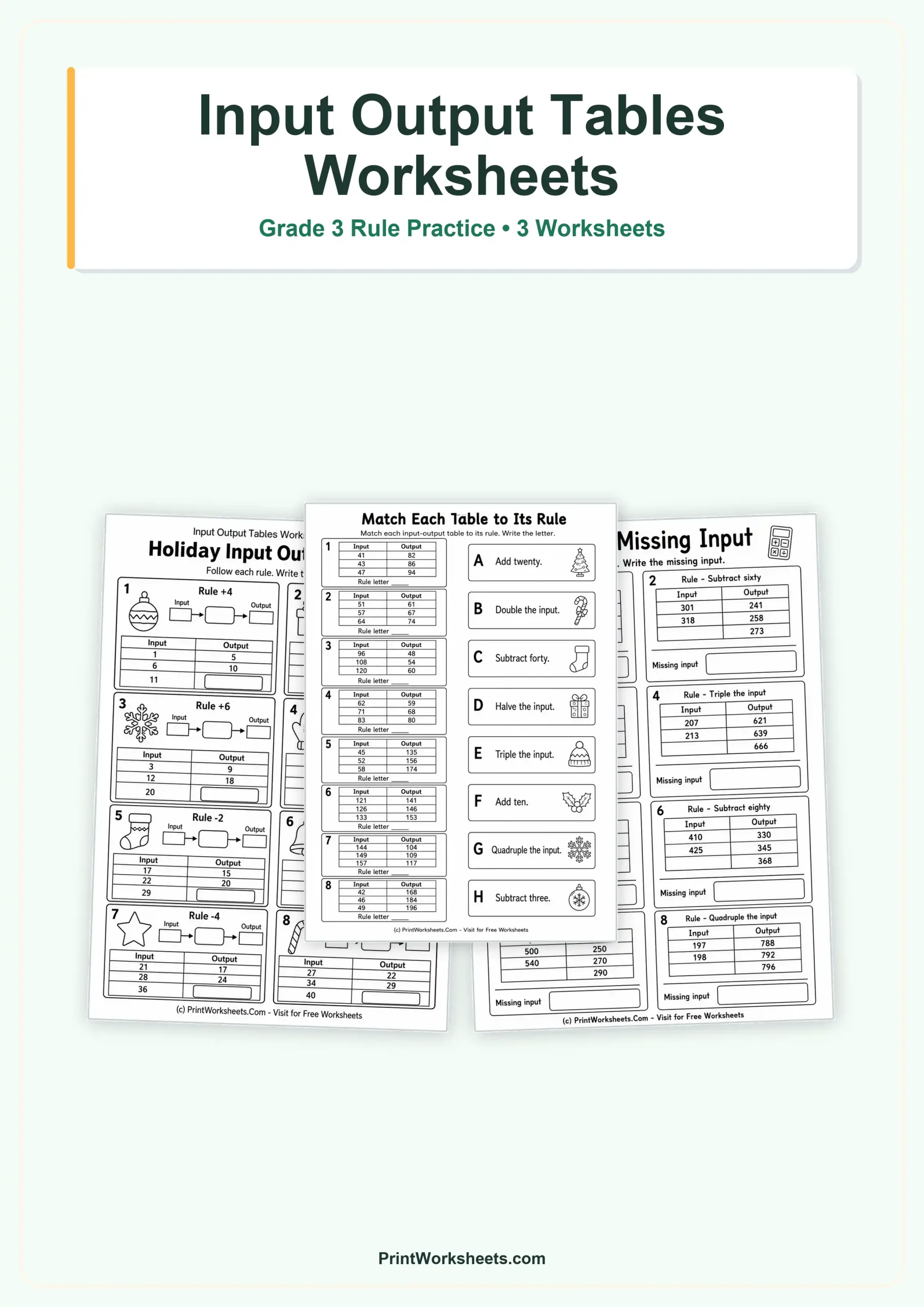 Three Inputs Input Output Tables Worksheets for Grade 3 – Free PDF