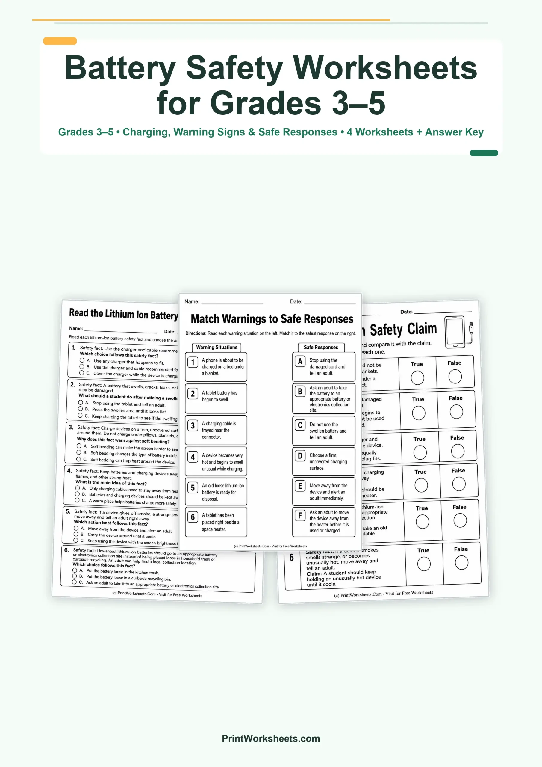 Health Worksheets Worksheet - Lithium Ion Battery Safety Worksheets for Grades 3 to 5 – Free Printable PDF | Free Printable