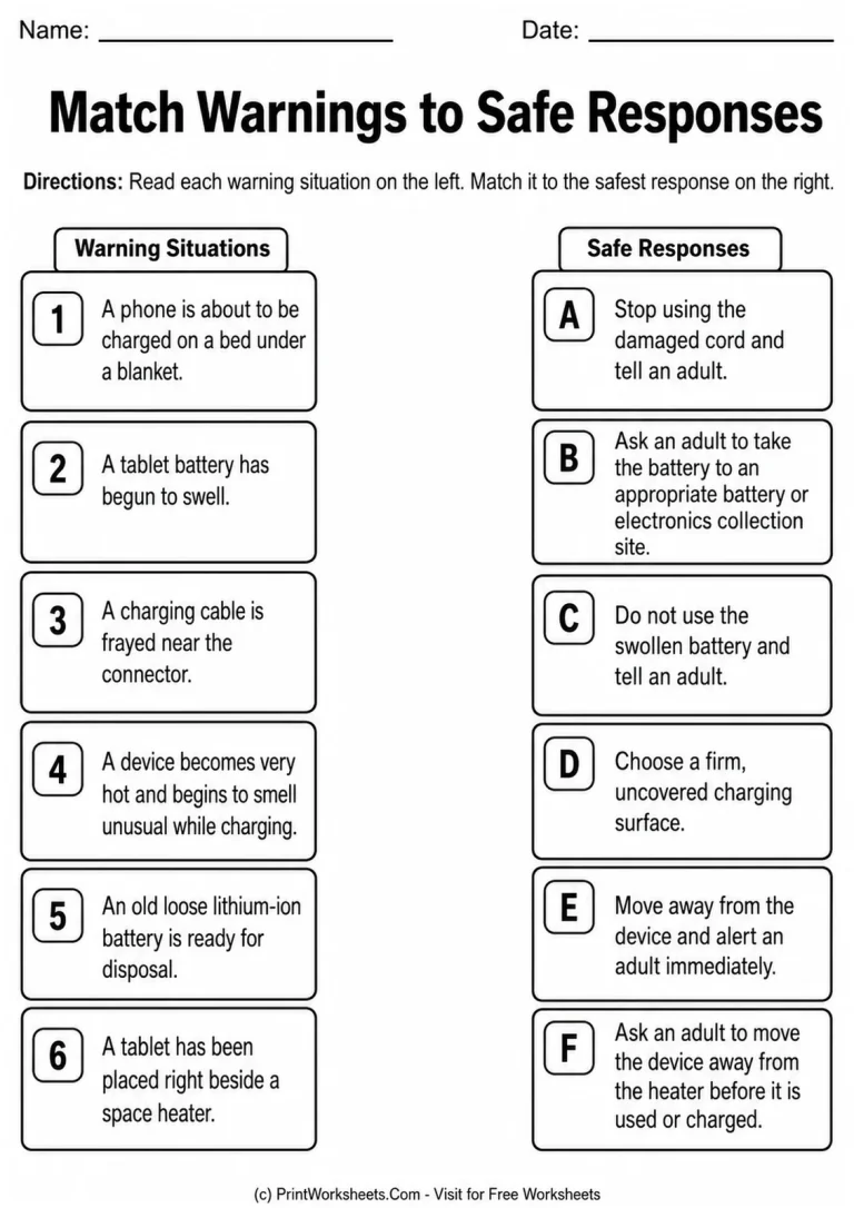 Match Warnings to Safe Responses Match Warnings to Safe Responses printable worksheet