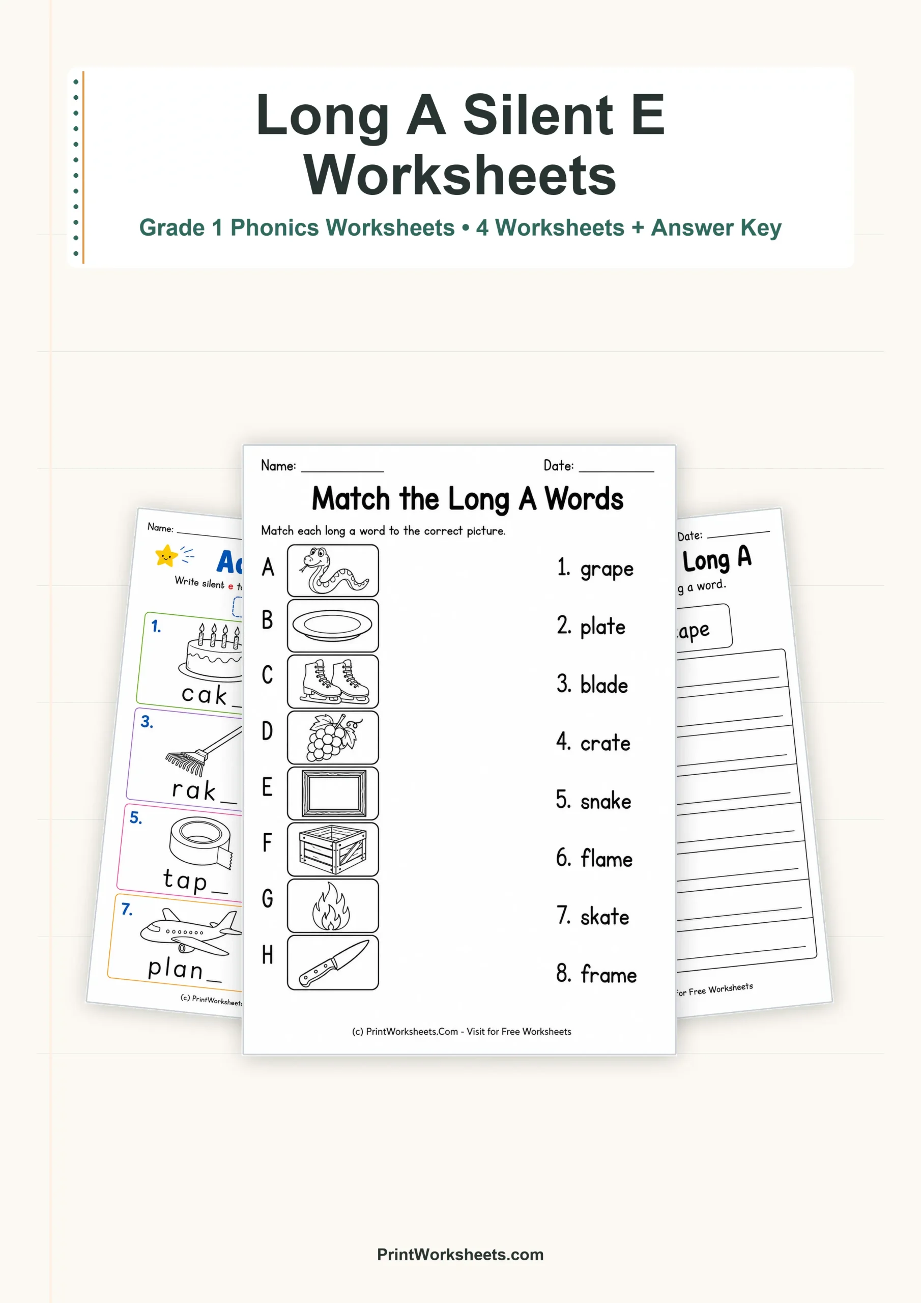 Long A Silent E Words Worksheets for Grade 1 – Free Printable PDF - Free Printable Worksheet