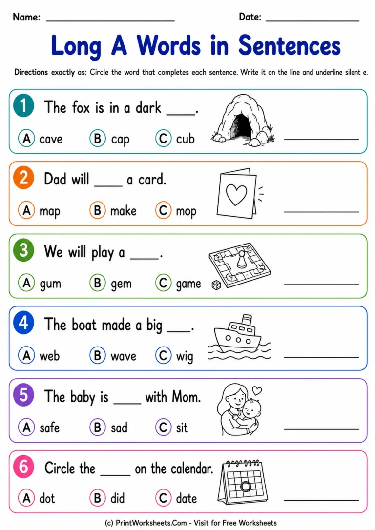 Long A Words in Sentences Long A Words in Sentences printable worksheet