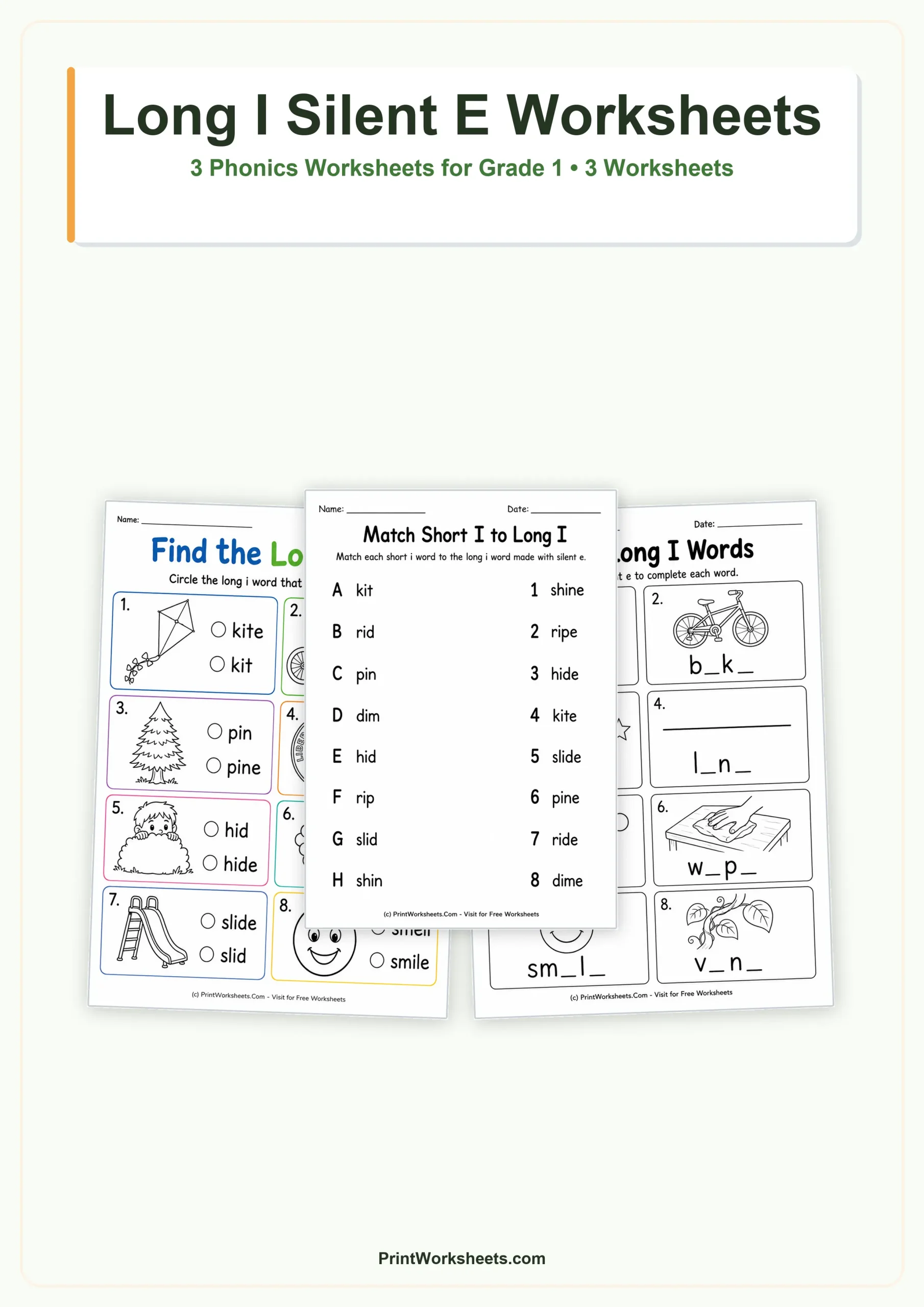 Long I Silent E Words Worksheets for Grade 1 – Free Printable PDF - Free Printable Worksheet