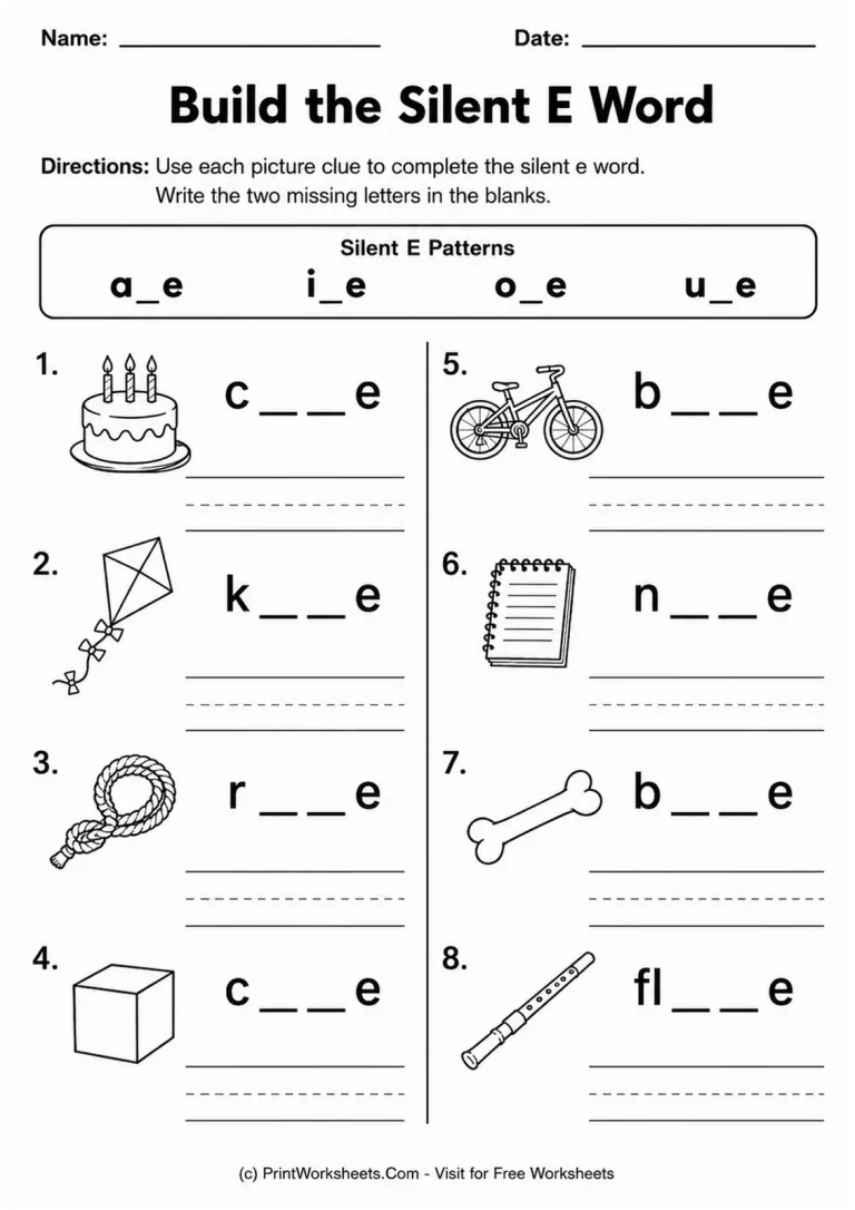 Build the Silent E Word printable worksheet