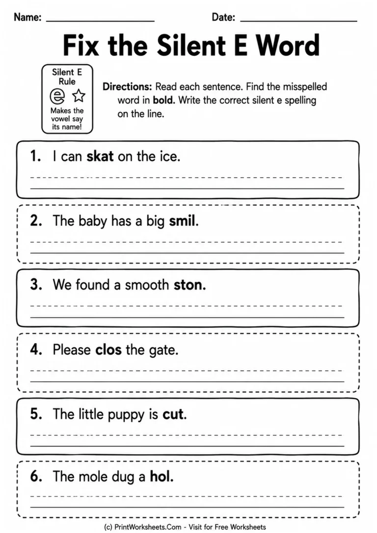 Fix the Silent E Word printable worksheet