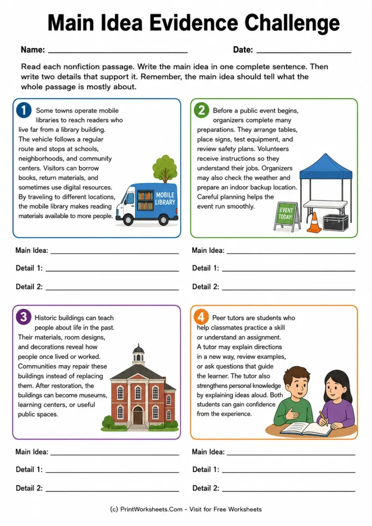 Main Idea Evidence Challenge Main Idea Evidence Challenge printable worksheet
