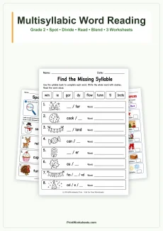 Phonics Worksheets Worksheet - Multisyllabic Word Reading Strategy Worksheets for Grade 2 – Free Printable PDF | Free Printable