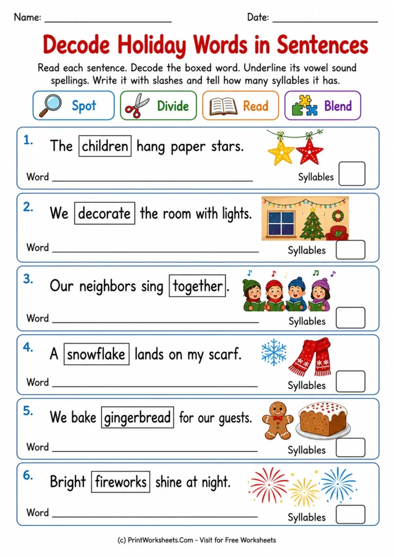 Decode Holiday Words in Sentences Decode Holiday Words in Sentences printable worksheet