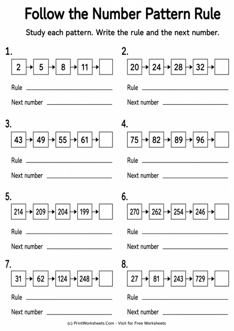 Follow the Number Pattern Rule printable worksheet