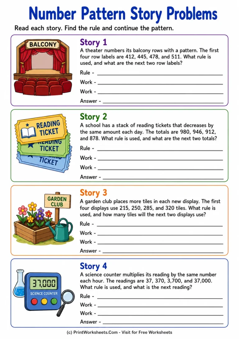 Number Pattern Story Problems printable worksheet