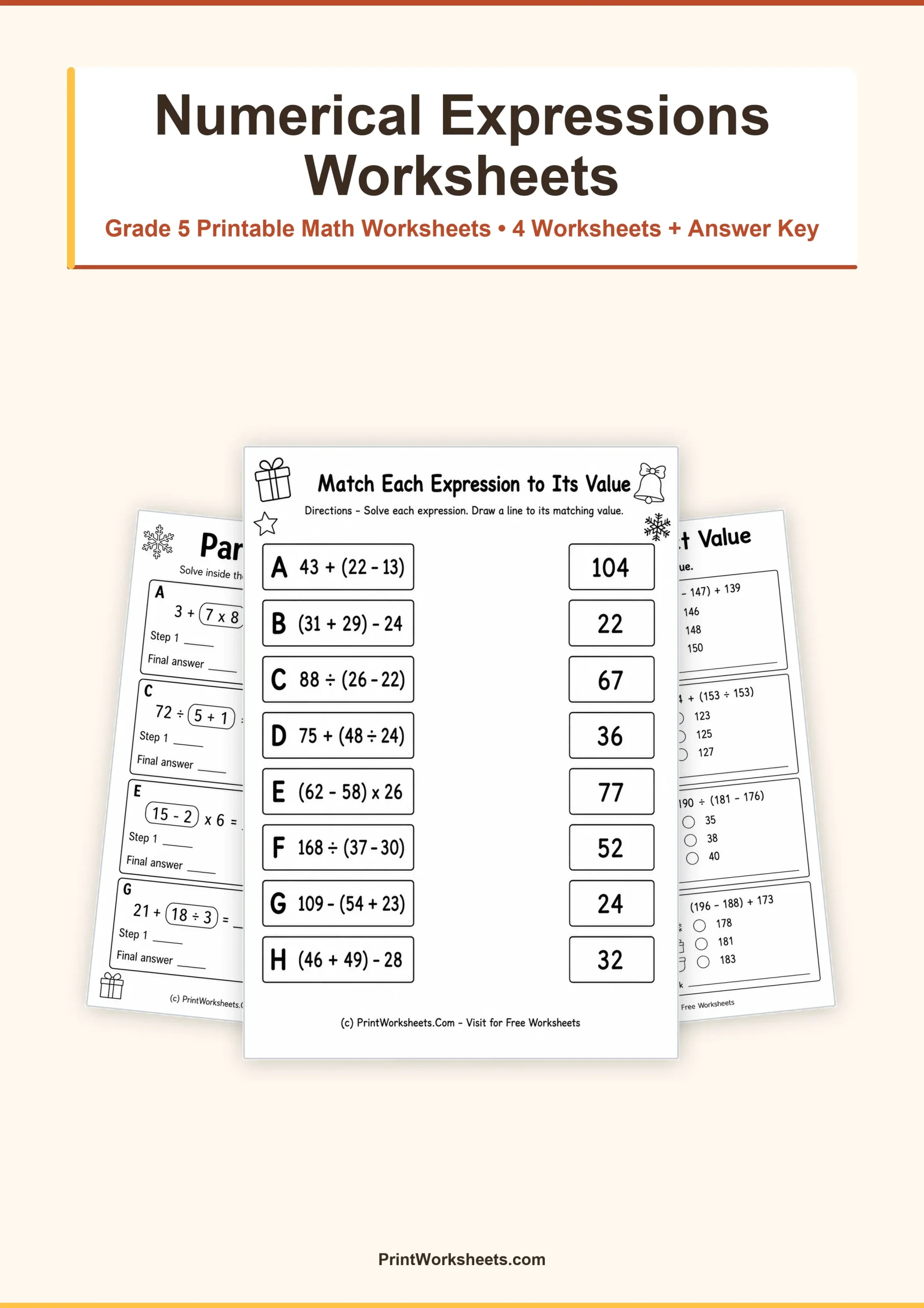 Numerical Expressions with Parentheses Worksheets for Grade 5 – Free Printable PDF - Free Printable Worksheet