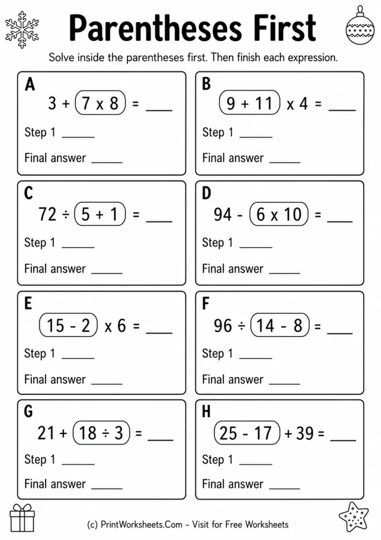 Parentheses First Parentheses First printable worksheet
