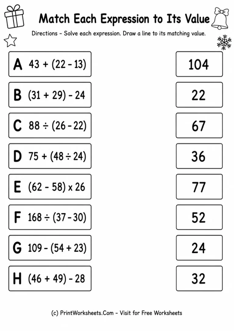 Match Each Expression to Its Value Match Each Expression to Its Value printable worksheet