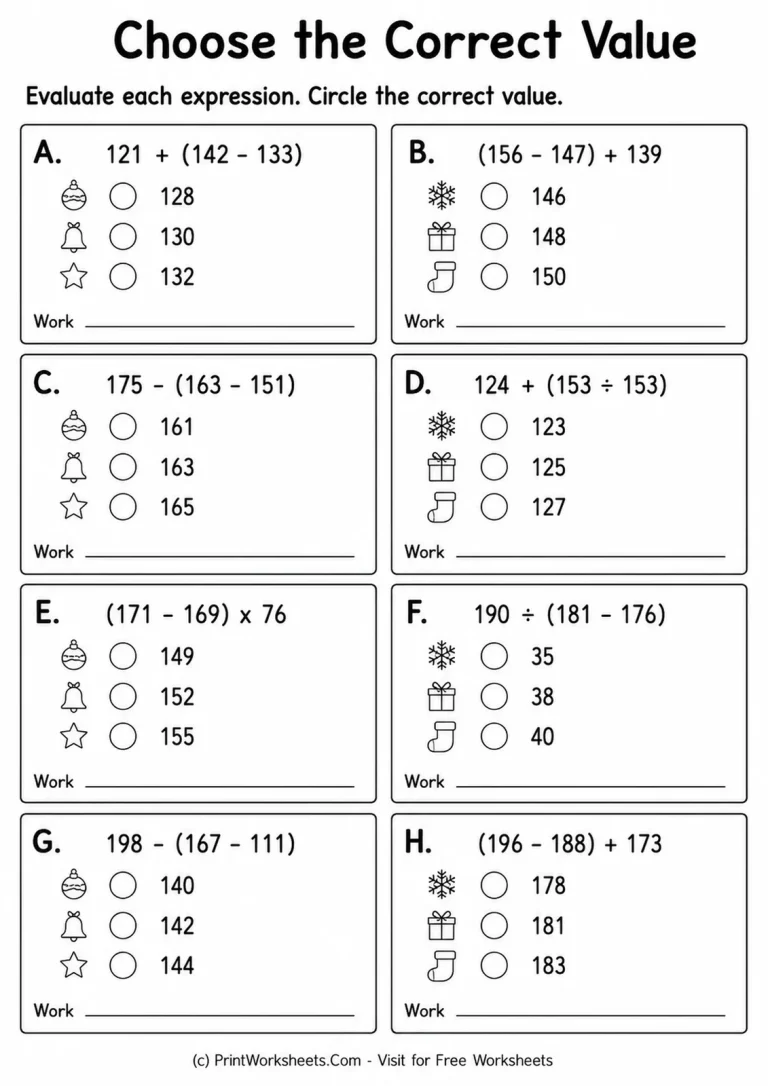 Choose the Correct Value Choose the Correct Value printable worksheet
