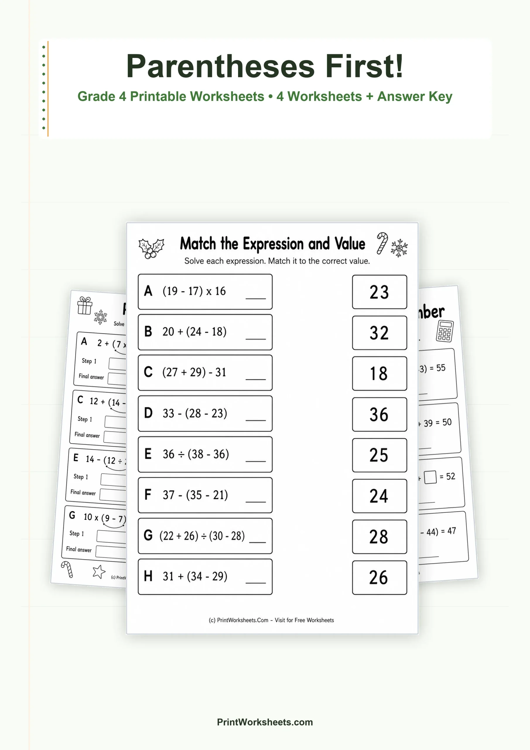 Order of Operations with Parentheses Worksheets for Grade 4 – Free Printable PDF - Free Printable Worksheet