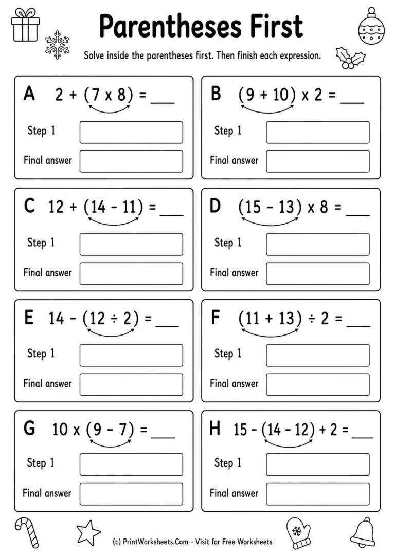 Parentheses First Parentheses First printable worksheet