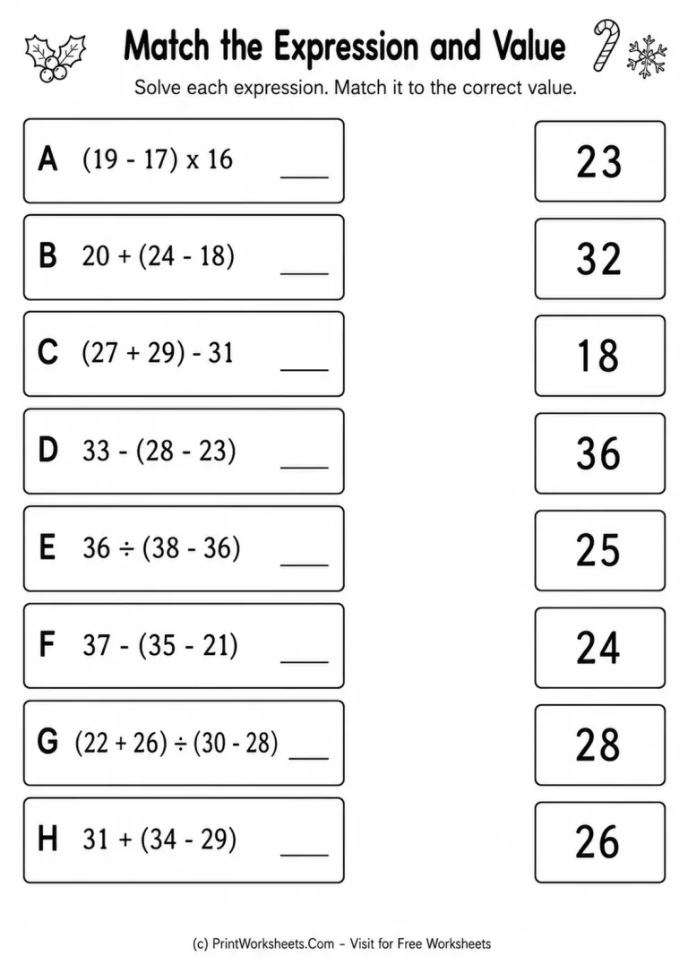 Match the Expression and Value Match the Expression and Value printable worksheet