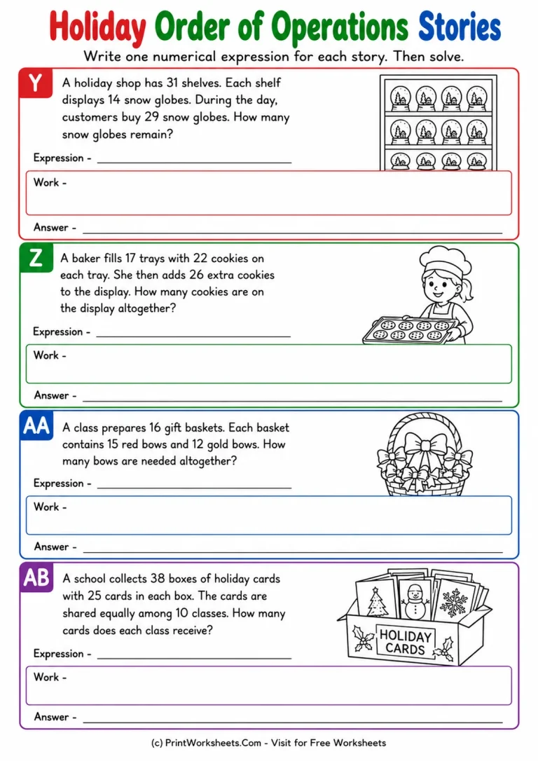 Holiday Order of Operations Stories Holiday Order of Operations Stories printable worksheet