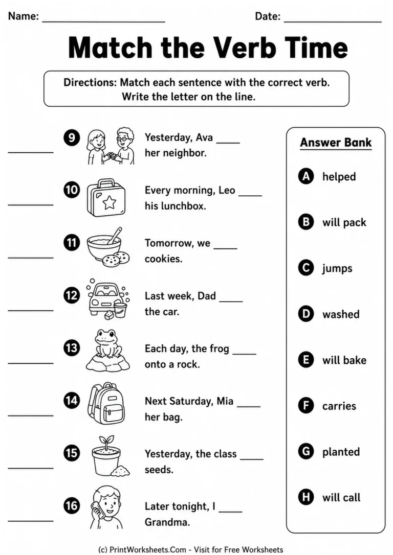 Match the Verb Time Match the Verb Time printable worksheet