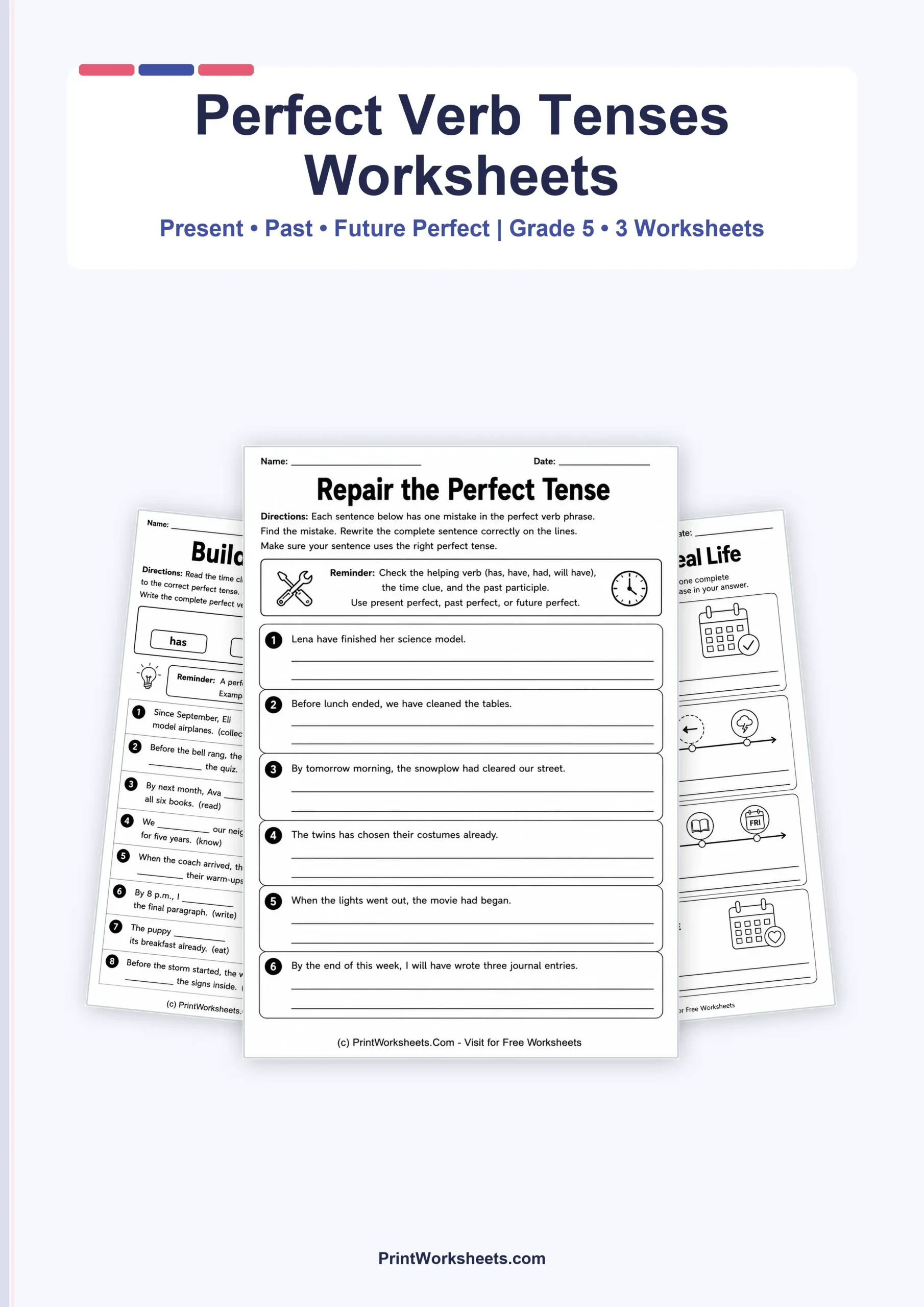 Perfect Verb Tenses Worksheets for Grade 5 – Free Printable PDF - Free Printable Worksheet