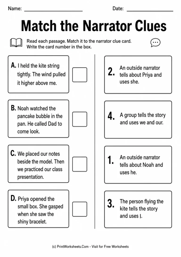 Match the Narrator Clues Match the Narrator Clues printable worksheet