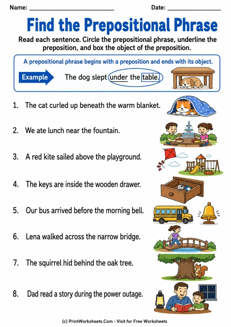 Find the Prepositional Phrase Find the Prepositional Phrase printable worksheet