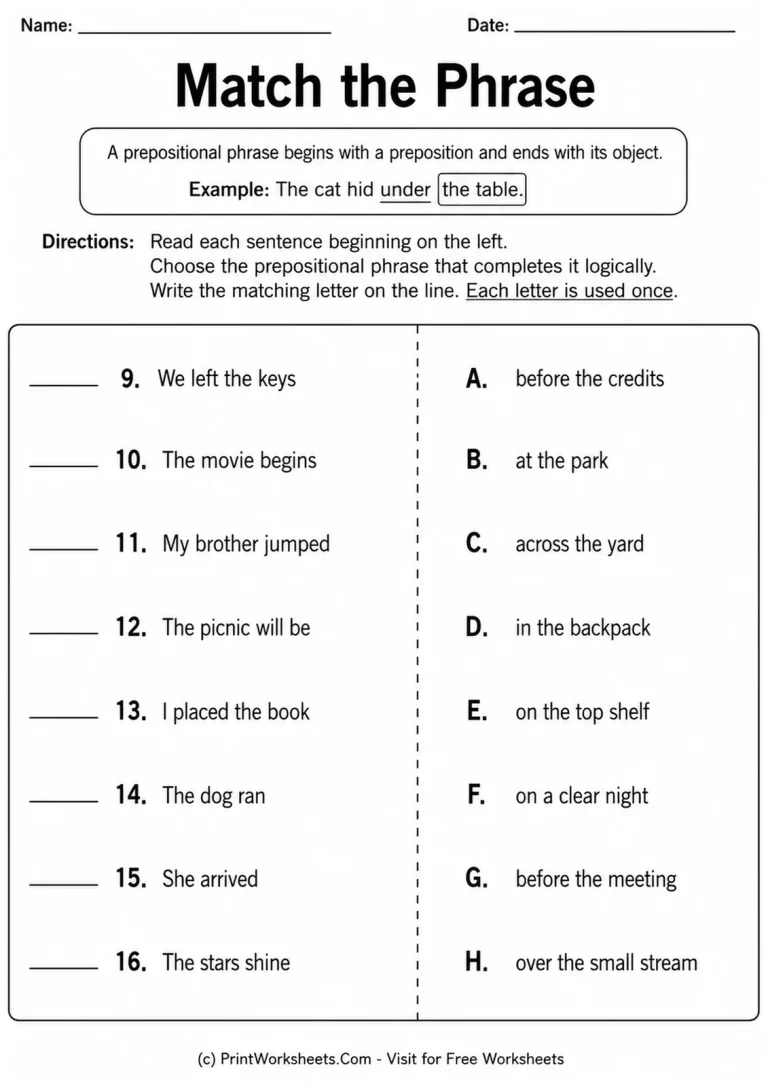 Match the Phrase Match the Phrase printable worksheet