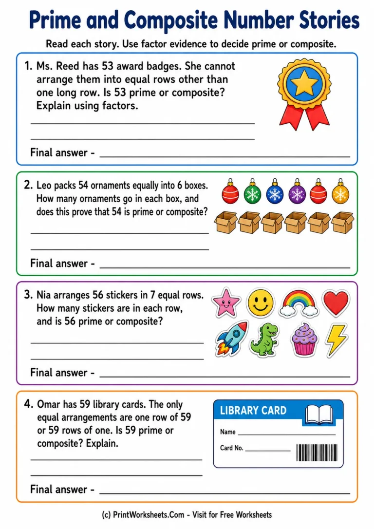 Prime and Composite Number Stories Prime and Composite Number Stories printable worksheet