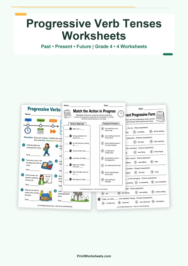 Progressive Verb Tenses Worksheets for Grade 4 – Free PDF