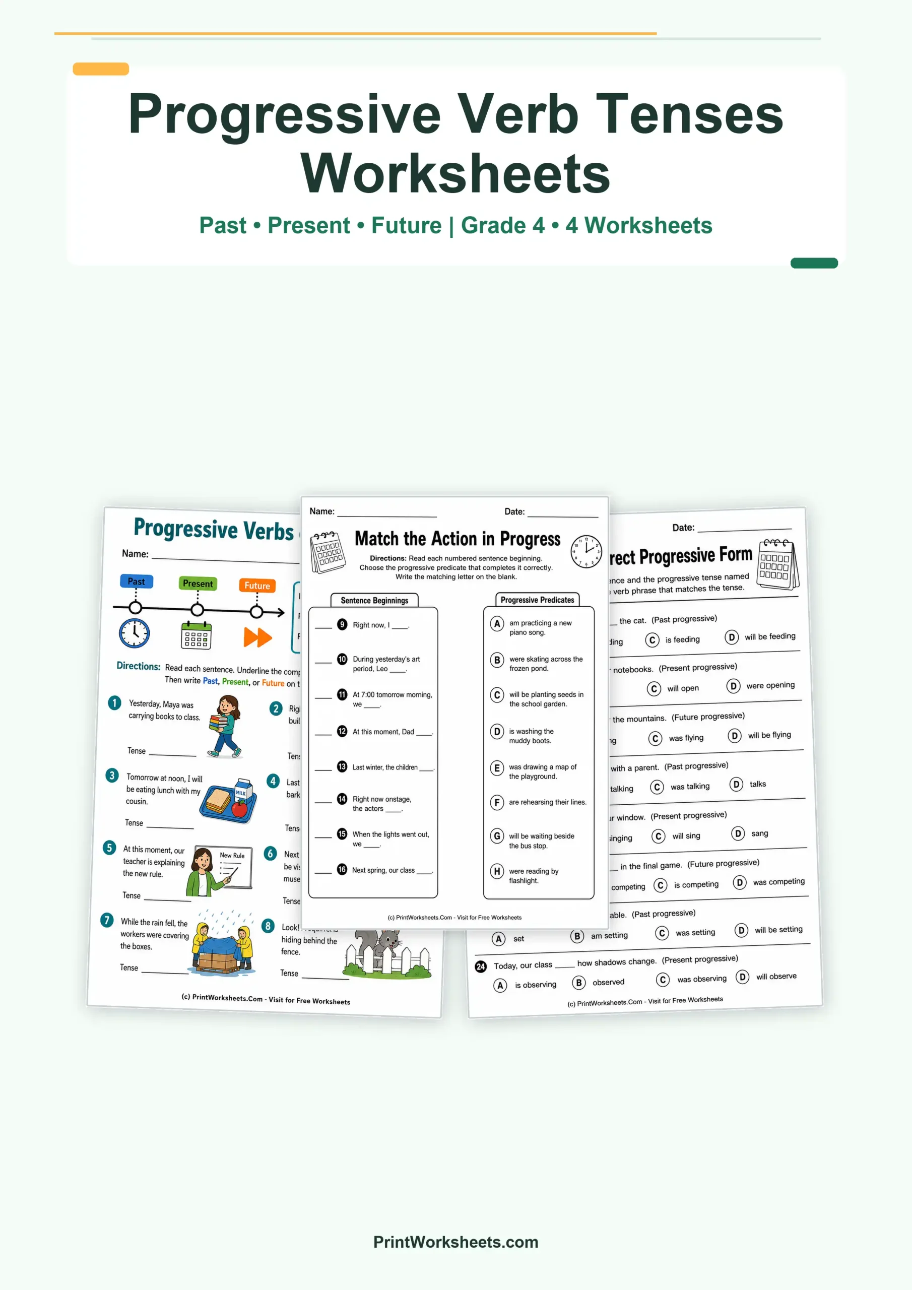 Progressive Verb Tenses Worksheets for Grade 4 – Free Printable PDF - Free Printable Worksheet