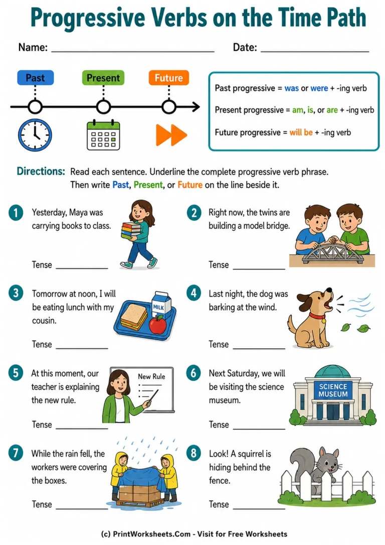 Progressive Verbs on the Time Path Progressive Verbs on the Time Path printable worksheet