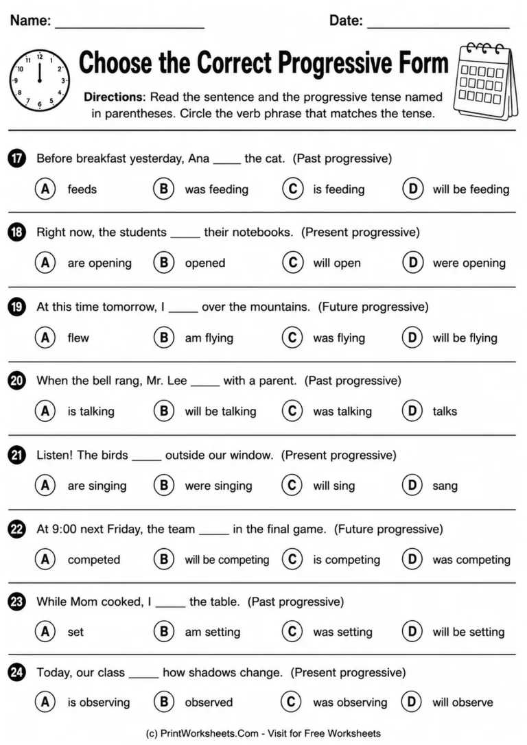 Choose the Correct Progressive Form Choose the Correct Progressive Form printable worksheet