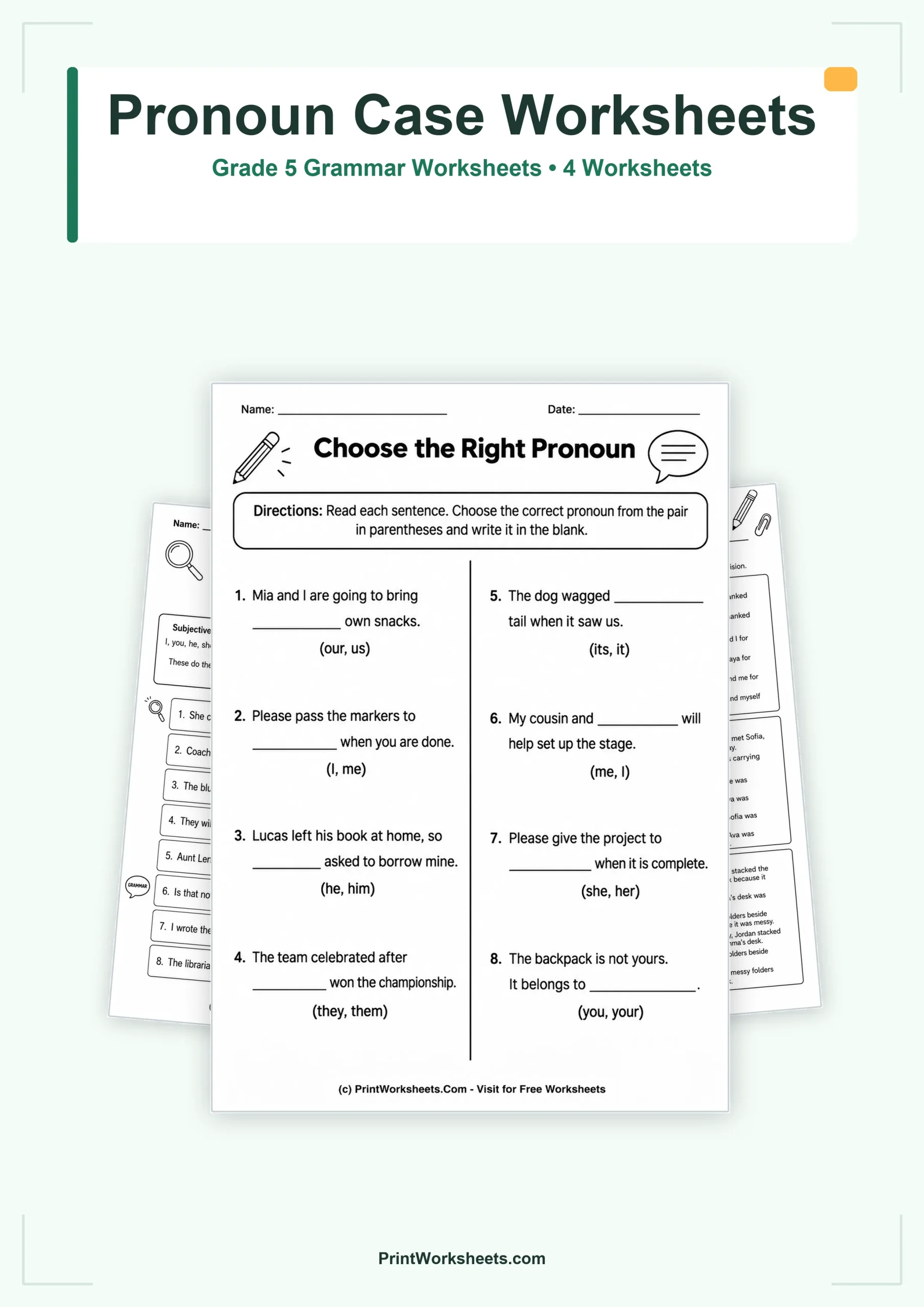 Pronoun Case and Clarity Worksheets for Grade 5 – Free Printable PDF - Free Printable Worksheet