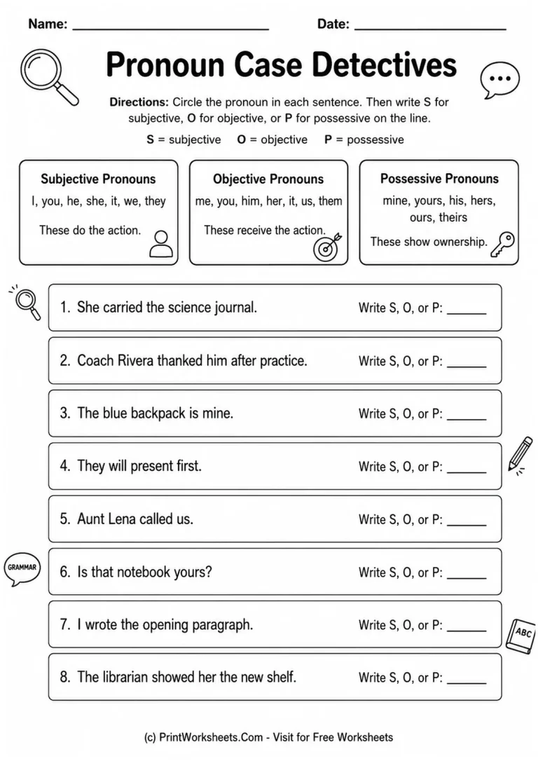Pronoun Case Detectives printable worksheet