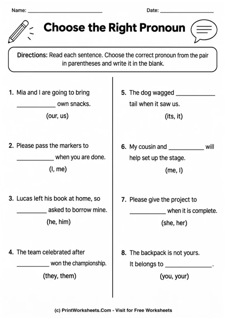Choose the Right Pronoun printable worksheet