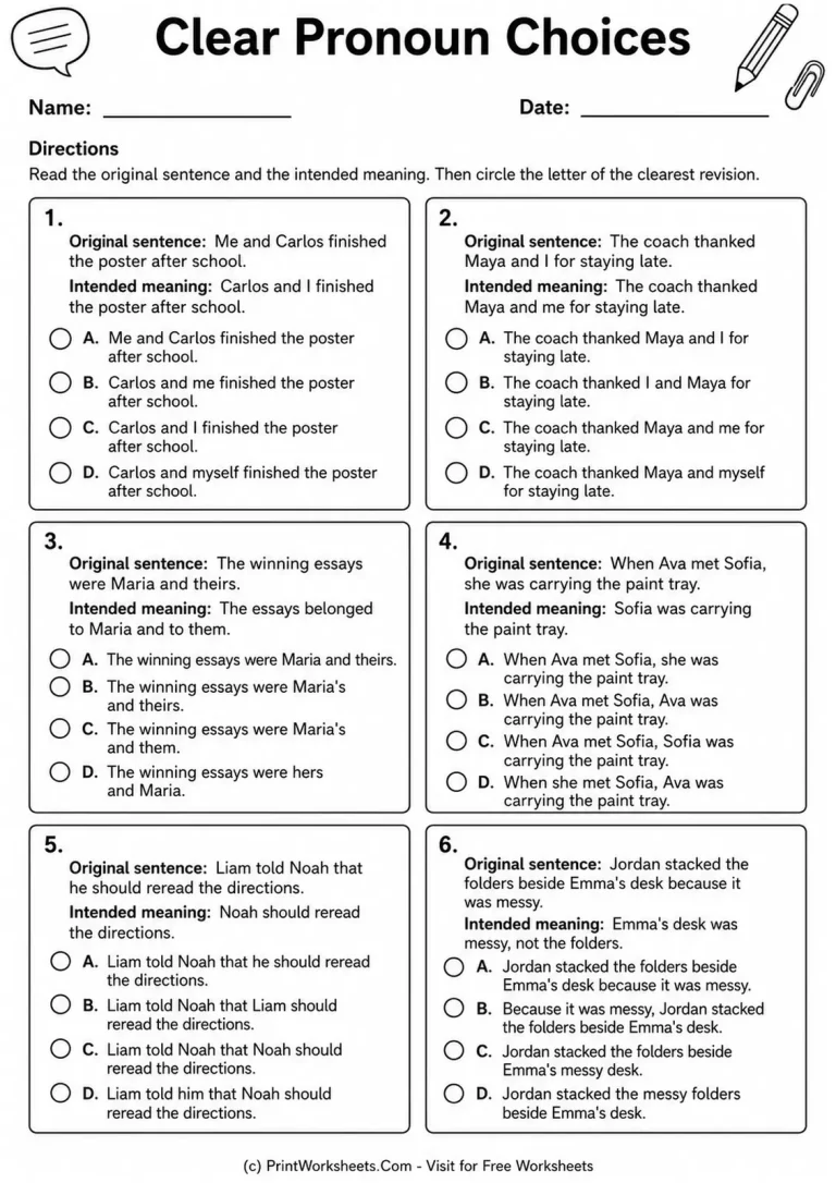 Clear Pronoun Choices printable worksheet